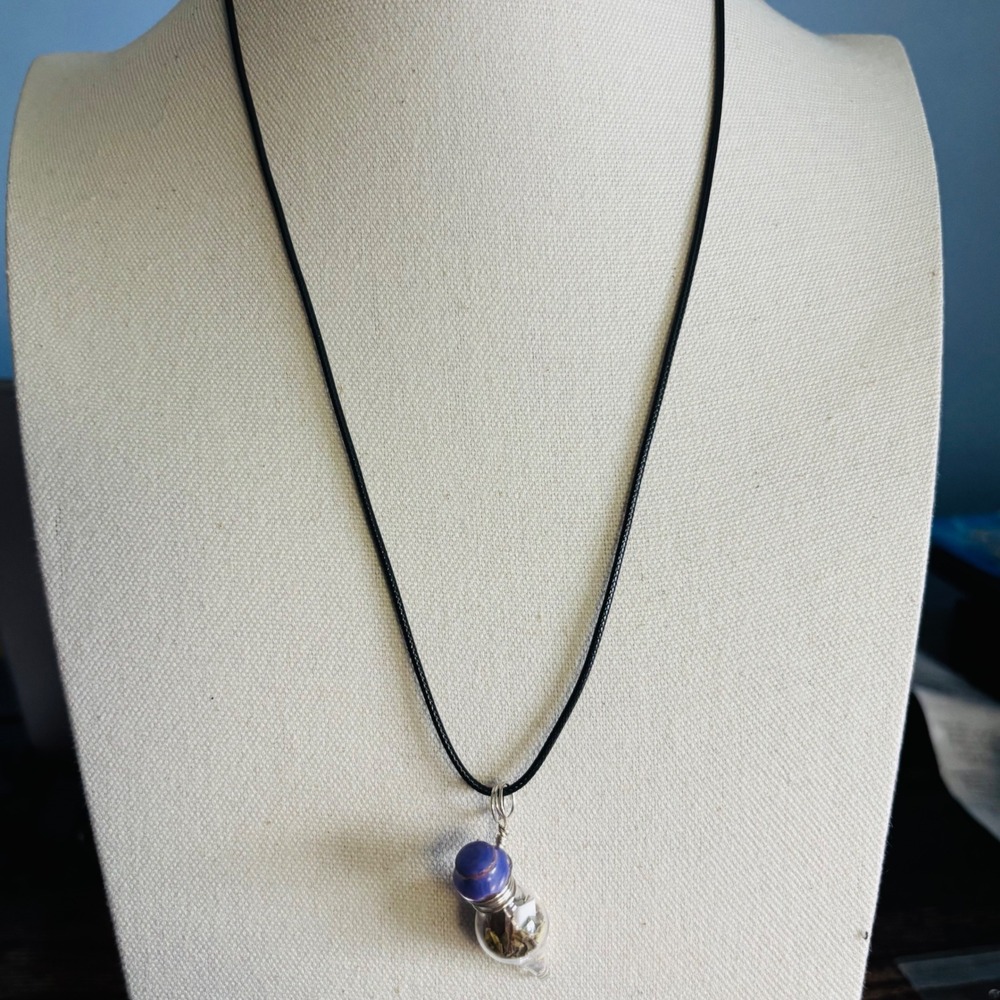 Handmade Glass Vial Herb Pendant Necklace Black Cord Purple Top Witchy Boho